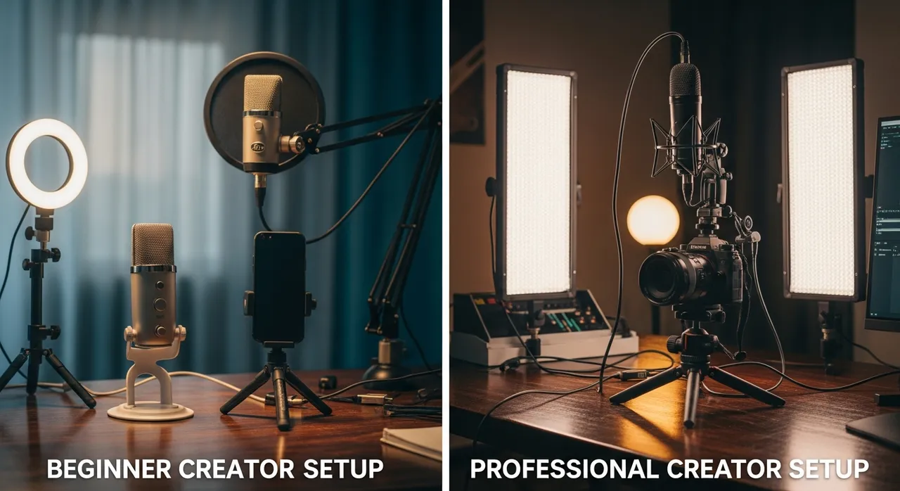 Side by side comparison of creator gear including microphones lighting and cameras