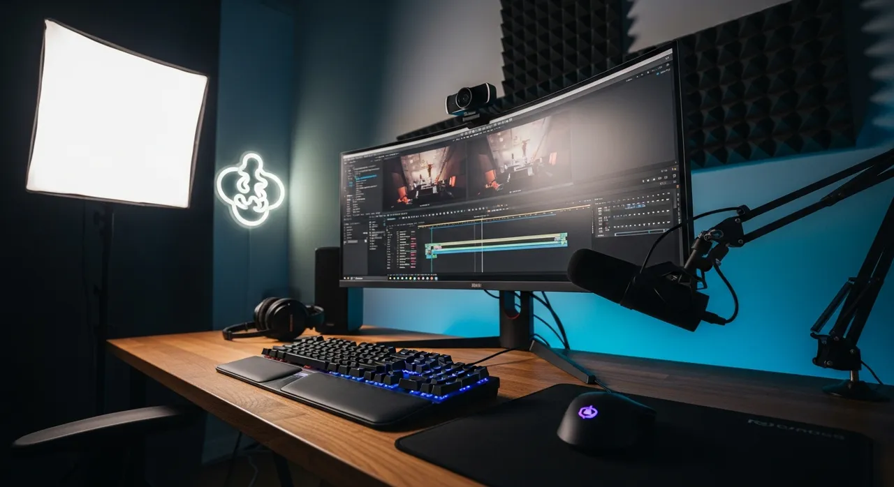 Professional creator setup with webcam and lighting