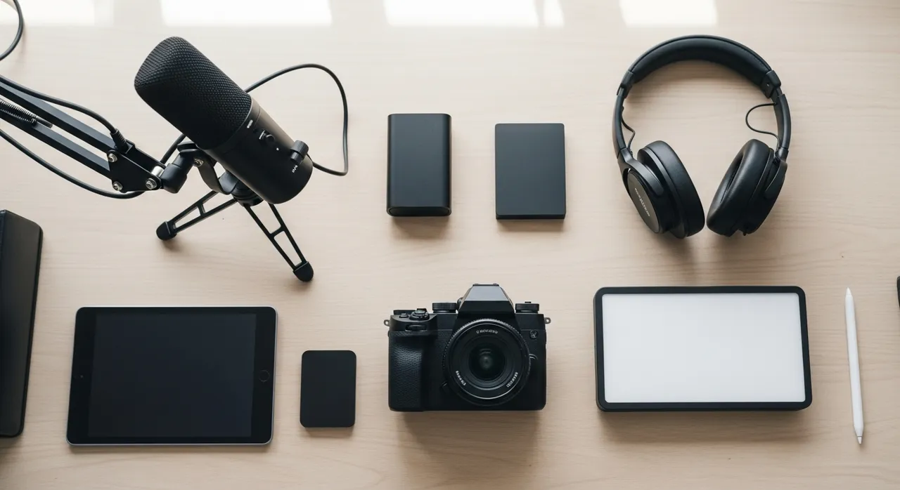 Overview of creator gear including microphone camera and lighting equipment