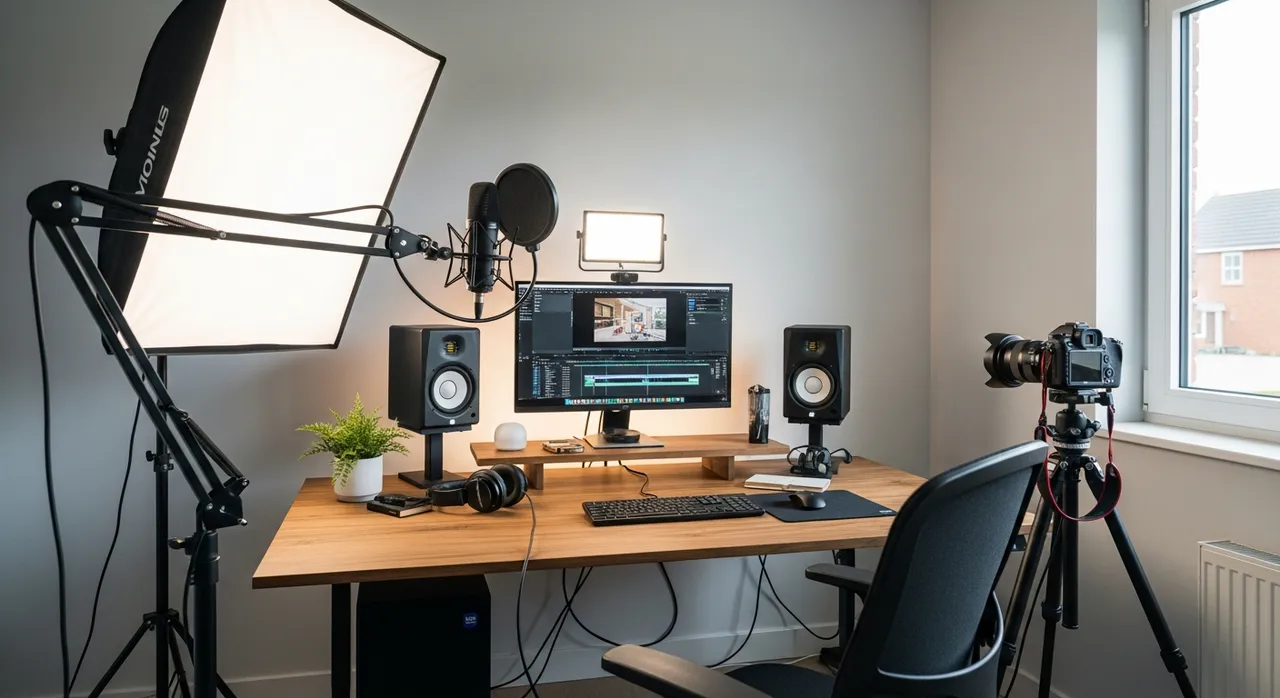 Complete home studio setup with microphone lighting camera and desk