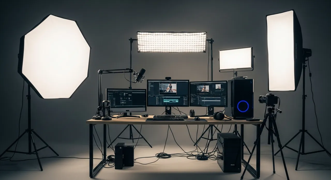 Professional lighting setup with softboxes and LED panels in a creator studio