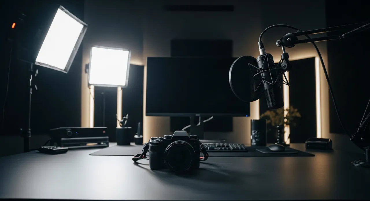 YouTube studio setup with camera lighting and microphone
